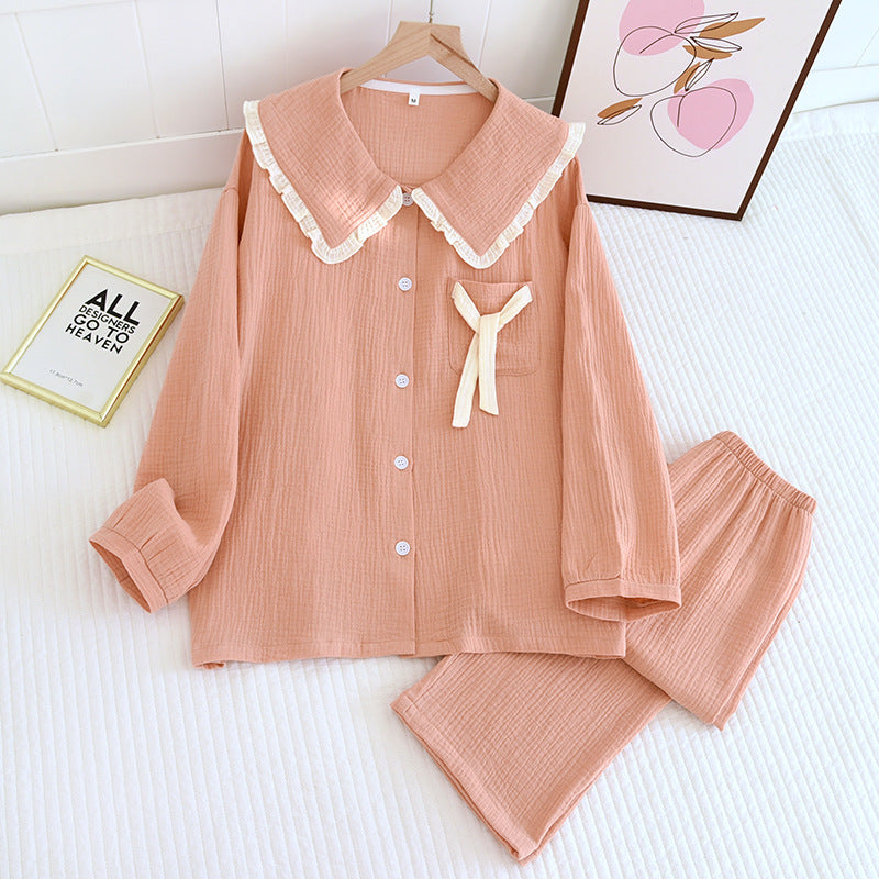 2025 new women's pajama suit 100% cotton crepe sweet lovely long-sleeved trousers two-piece home wear thin sleepwear women