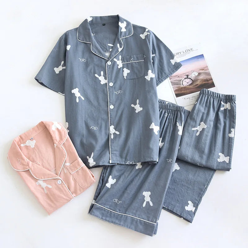 Summer new couple pajamas three-piece set short-sleeved + shorts + trousers 100% cotton gauze men's and women's home clothes
