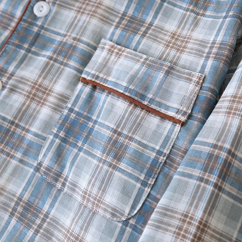 2025 Japanese New Men's Pajama Set Spring/Summer Checkered Simple Long sleeved Two Piece Set 100%Cotton Cardigan Home Furnishing