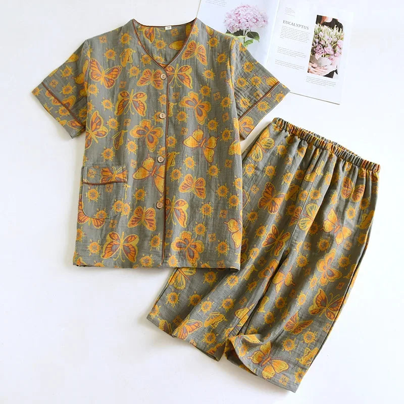 2025 Spring/Summer New Women's Pajama Set 100% Cotton Jacquard Short Sleeves+Capris Two Piece V-Neck Thin Homewear Ladies