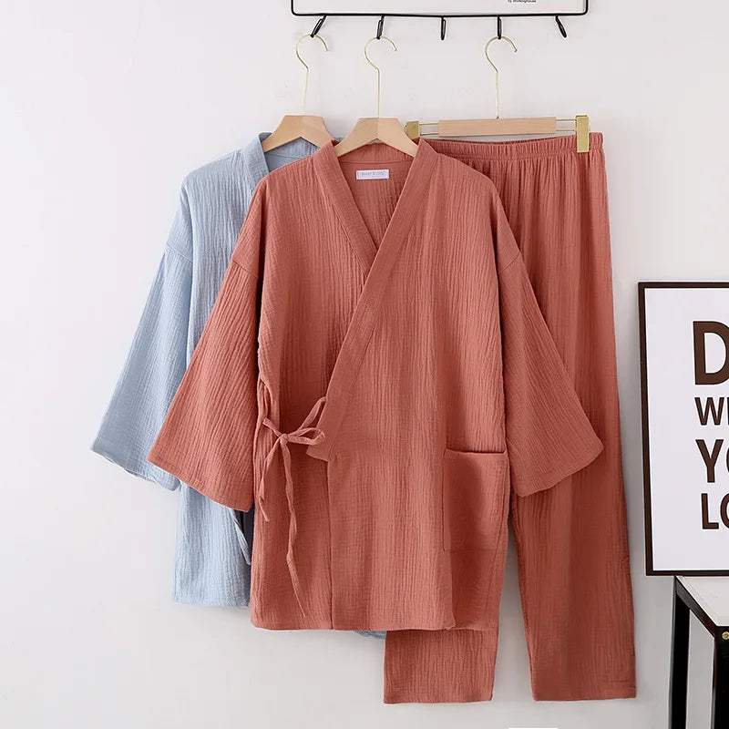 Japanese kimono suit lovers 100% cotton crepe pajamas long sleeved trousers two-piece kimono suit for men and women sleepwear