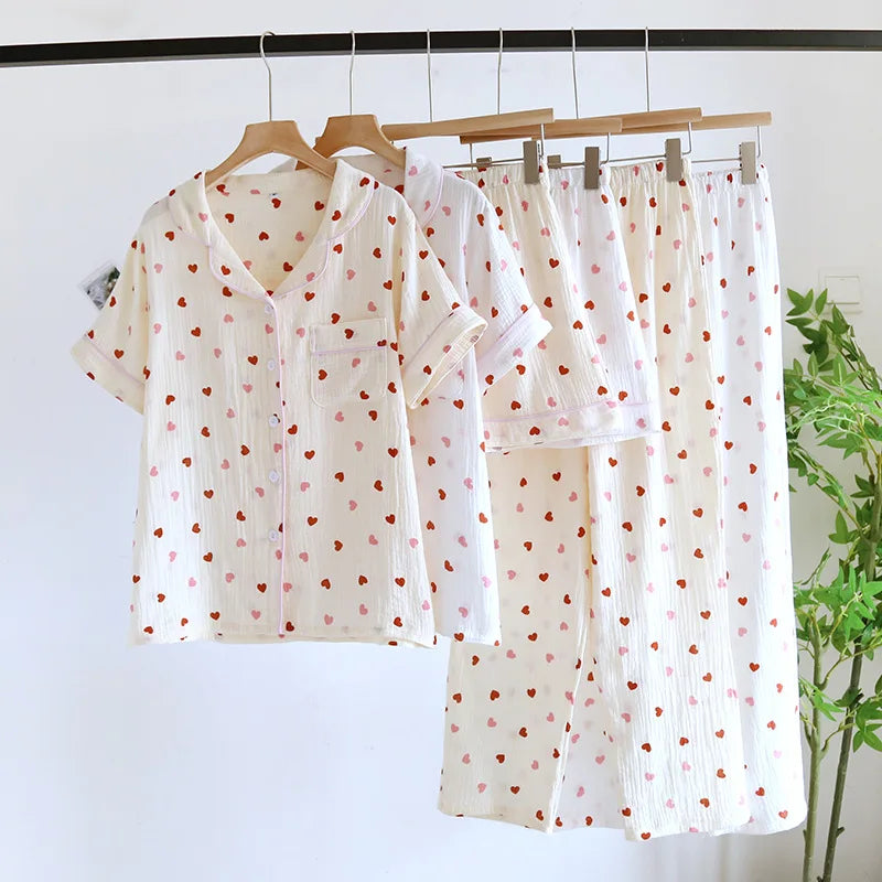 2025 New Summer Pajama Set 100% Cotton Crepe Love Short Sleeves+Shorts+Pants Three Piece Buckle Cute Home Fury Ladies Sleepwear