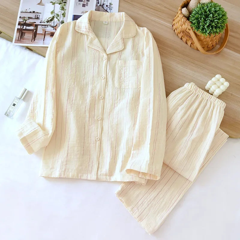 2025 Spring and Autumn New Japanese Pajama Set 100% Cotton Striped Long Sleeve Long Pants Two Piece Set Thin Home Clothing