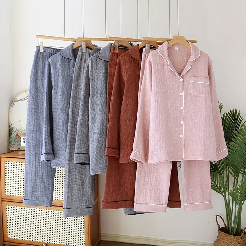 2025 New Spring Couple's Pajama Set 100% Cotton Four Layer Gauze Men's and Women's Long Sleeve Long Pants Two Piece Home Clothes