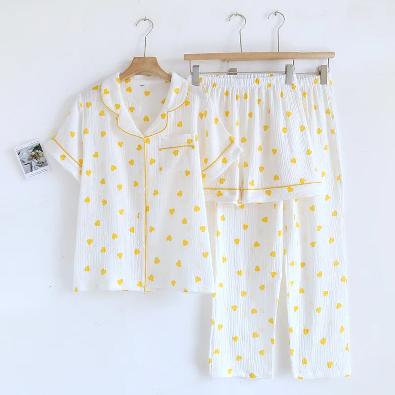 2025 New Summer Pajama Set 100% Cotton Crepe Love Short Sleeves+Shorts+Pants Three Piece Buckle Cute Home Fury Ladies Sleepwear