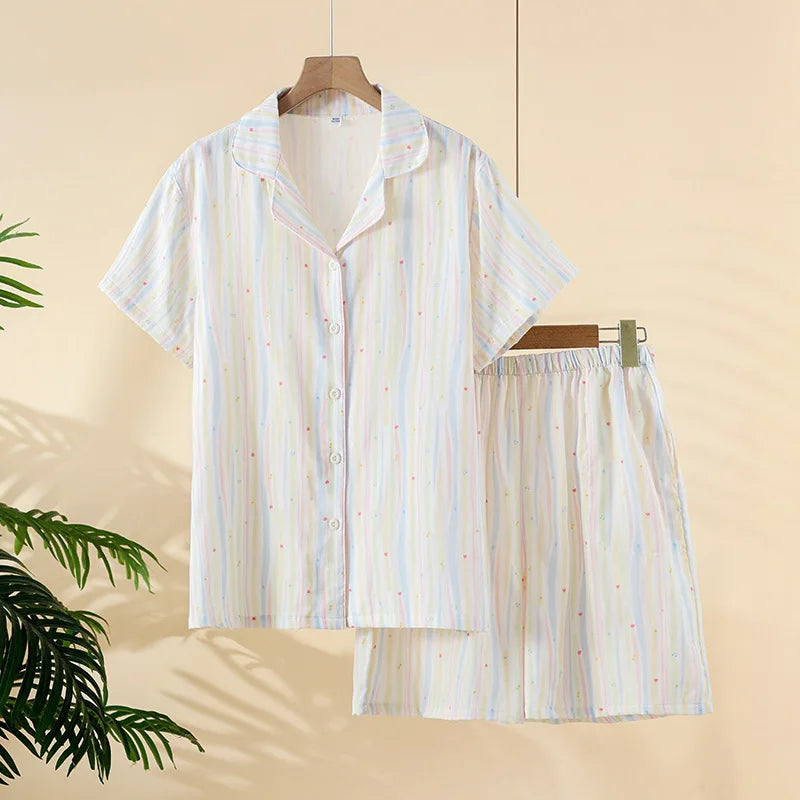 2025 Summer New Women's Pajama Set 100% Cotton Gauze Short Sleeve Shorts Two Piece Set Thin cardigan Home Clothes sleepwear