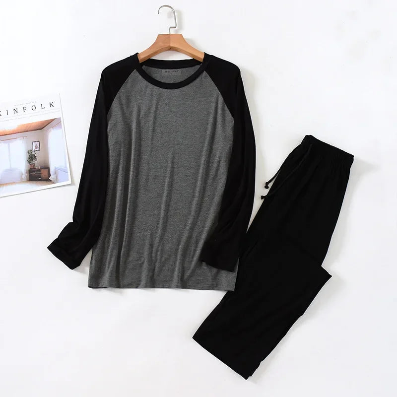 Spring and summer men's modal long-sleeved trousers pajamas set splicing large size sports home service suit spring and autumn