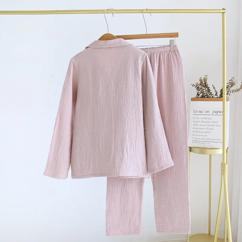 2025 New Couple's Pajama Set 100% Cotton Men's and Women's Collar Long Sleeve Long Pants Solid Color Two Piece Home Set Pijamas