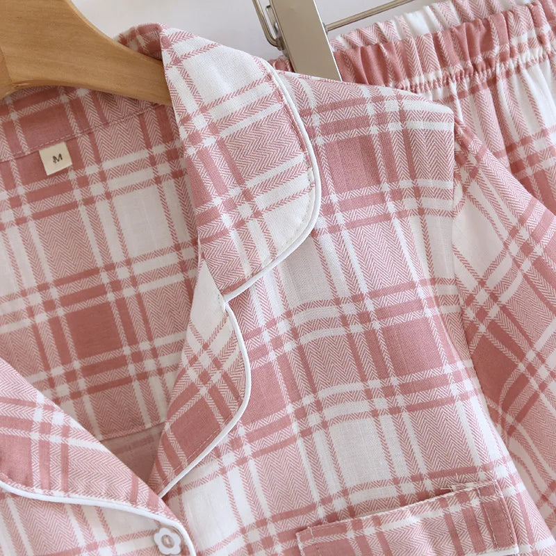 2025 New Summer Women's Pajama Set 100% Cotton Gauze Thin Short Sleeve+Shorts+Pants Simple Checkered Home Furnishing Set