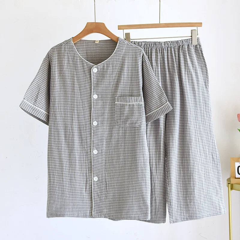 2025 Spring/Summer Couple Pajama Set 100% Cotton Gauze Short Sleeves+Capris Two Piece Men's and Women's Checkered Home Fur