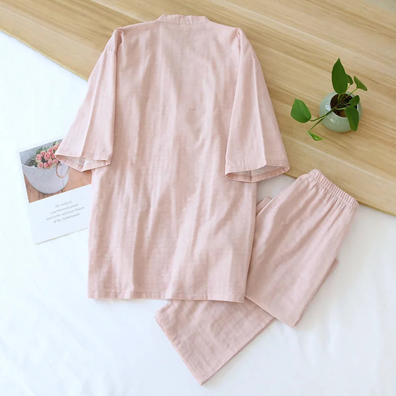 New spring and summer Japanese kimono two-piece couple pajamas set cotton loose large size men and women long sleeve trousers