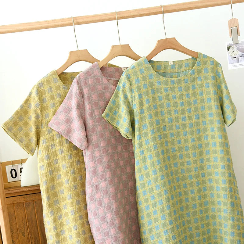 2025 New Summer Short Sleeve Sleeping Skirt 100% Cotton Yarn Weaving Jacquard Loose Pullover Mid length Plaid Skirt Home Dress