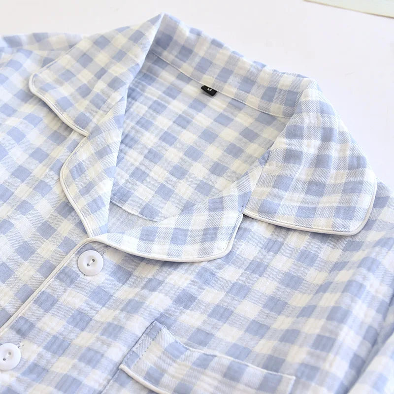 2025 New Spring Couple's Pajama Set 100% Cotton Long Sleeve Long Pants Two Piece Set Checkered Men's and Women's Home Clothes
