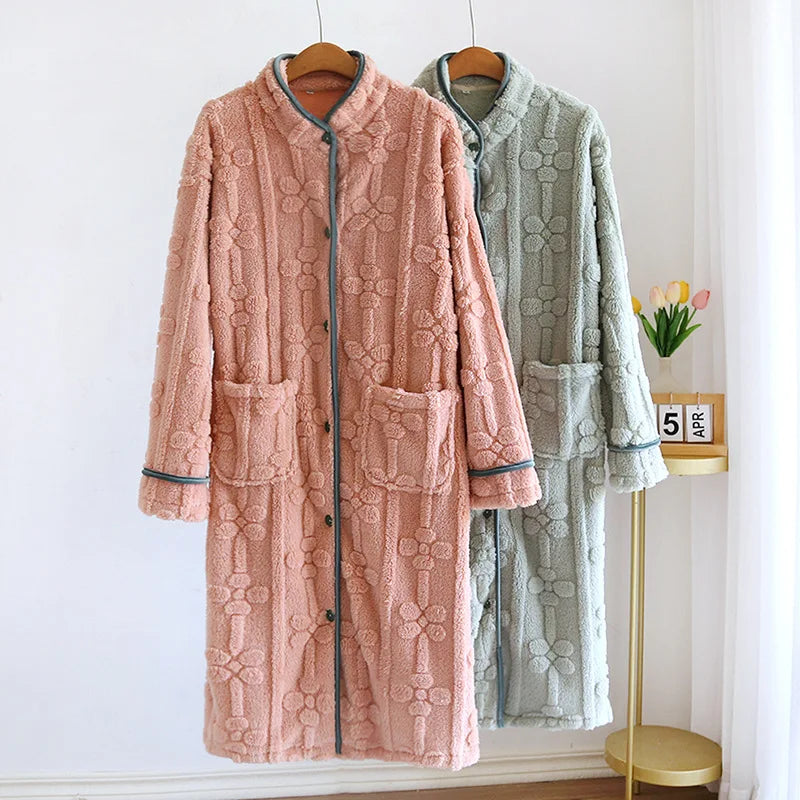 Autumn and Winter 2025 New Women's Nightgown Flannel Sweet and cute Bathrobe Women's Nightdress Stand collar Button Home Dress