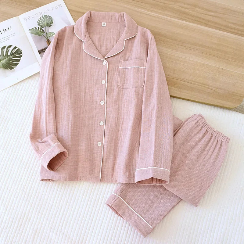 2025 New Spring Couple's Pajama Set 100% Cotton Four Layer Gauze Men's and Women's Long Sleeve Long Pants Two Piece Home Clothes