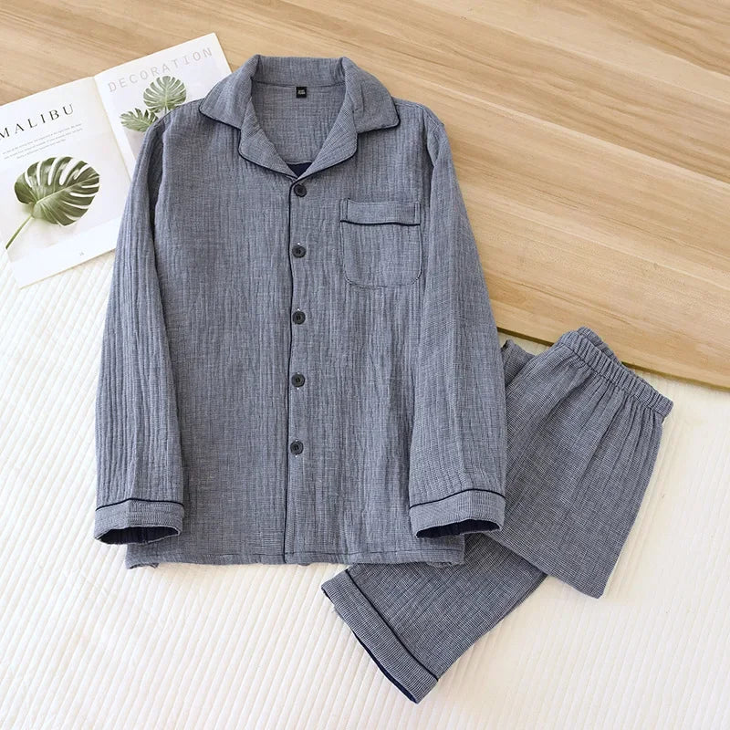 2025 New Spring Couple's Pajama Set 100% Cotton Four Layer Gauze Men's and Women's Long Sleeve Long Pants Two Piece Home Clothes