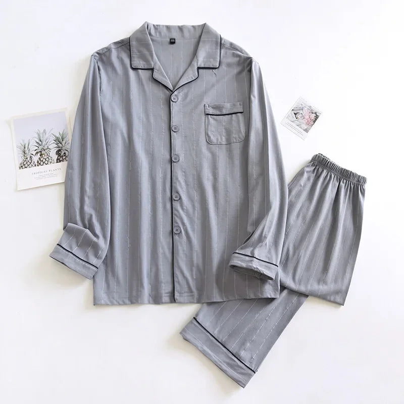 Spring and autumn new men's pajamas long-sleeved trousers suit 100% cotton knitted striped plus size home clothes two-piece set
