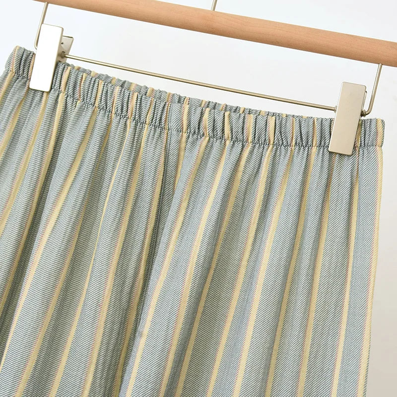 New men's sleepwear two-piece set for spring 2025 100% cotton crepe fabric vertical stripe long sleeved long pants home suit set