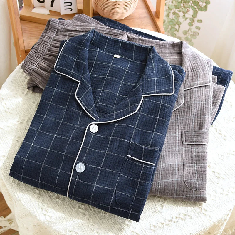 2025 Spring and Autumn New Men's Pajama Set 100%Cotton Crepe Plaid Long sleeved Pants Two Piece Set Cardigan Large Size Homewear