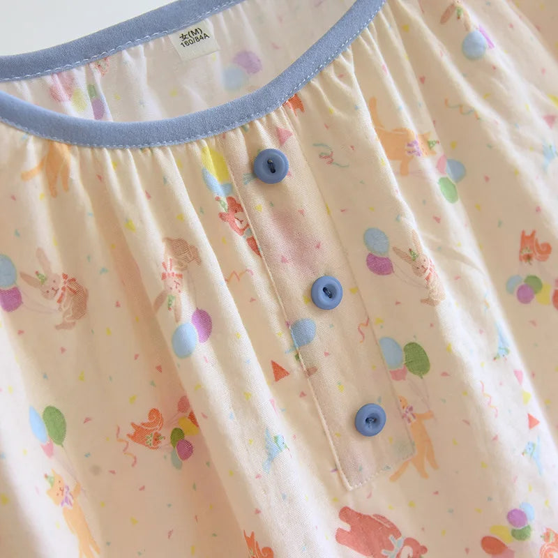 2025 Summer New Women's Pajama Skirt 100% Pure Cotton Double Layer Gauze Short Sleeve Pajama Skirt Thin Cute Pullover Home Dress