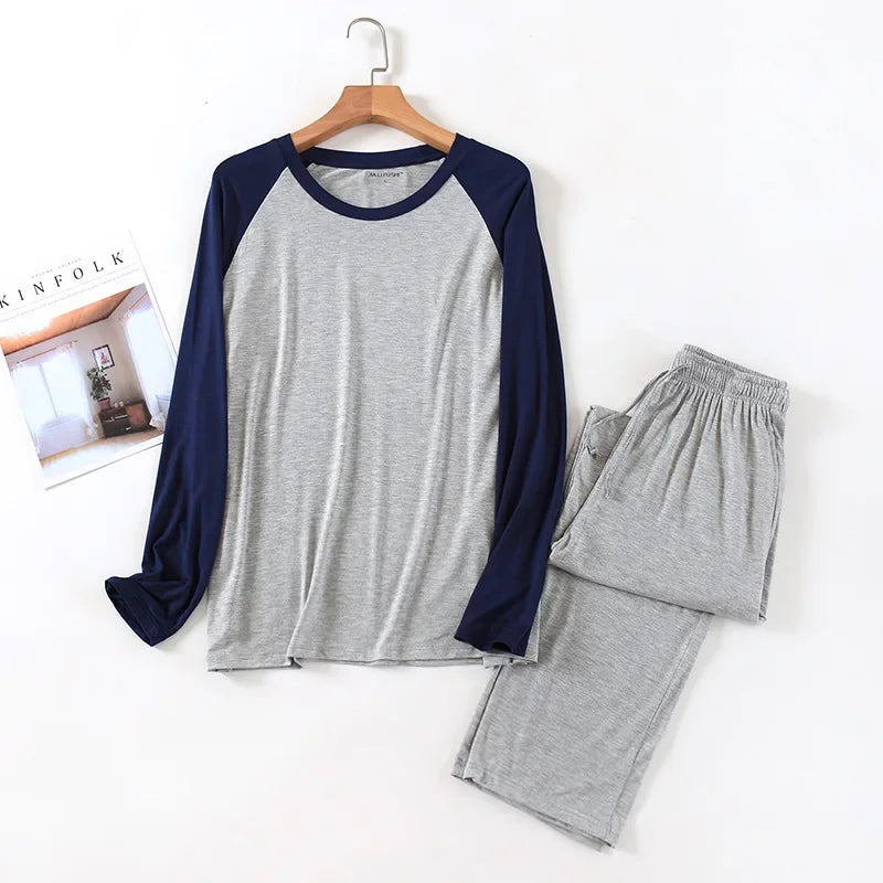 Spring and summer men's modal long-sleeved trousers pajamas set splicing large size sports home service suit spring and autumn