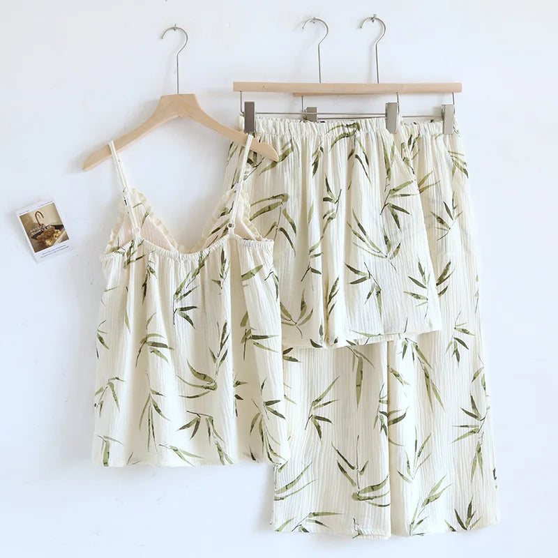 2025 Summer New Women's Pajama Set 100% Pure Cotton Crepe Sling+Shorts+Crop Pants Three piece Set with Chest Cushion Home Fury