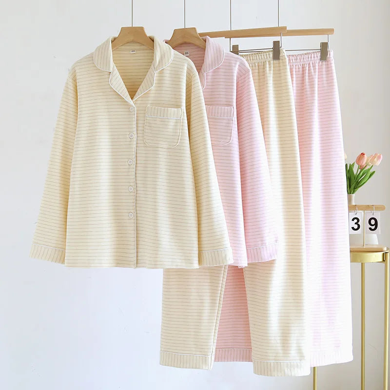 2025 Autumn/Winter New Women's Pajama Set Long Sleeve Long Pants Two Piece Set Striped German Velvet Warm Thick Home Clothes