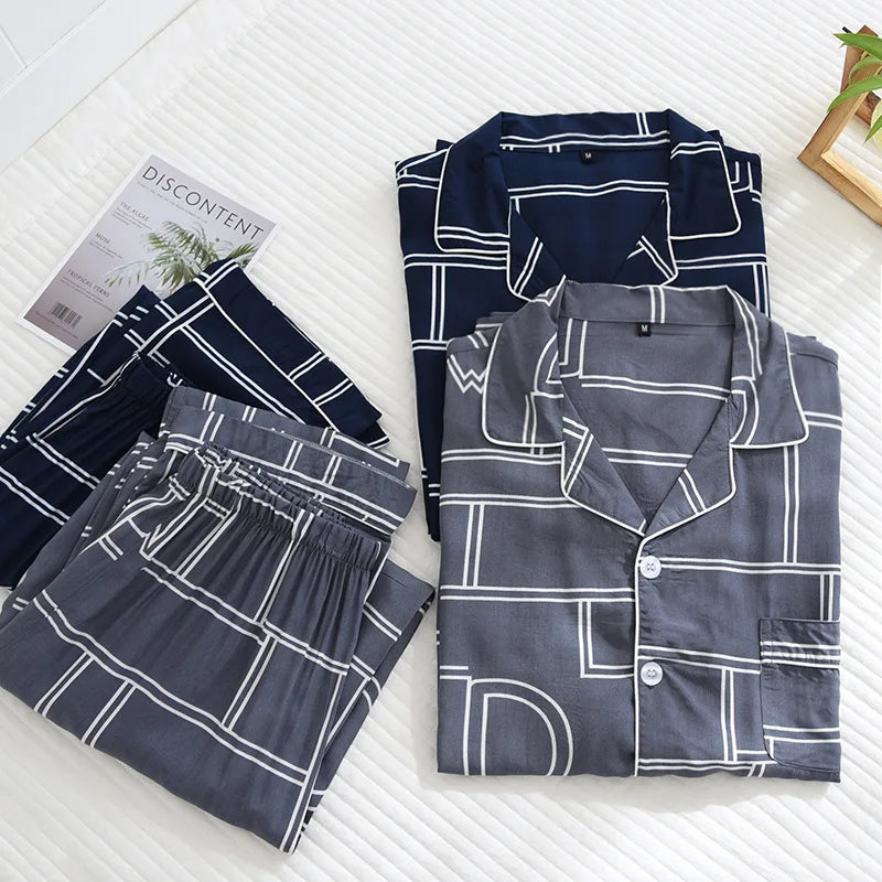 Spring and summer new men's pajamas long-sleeved trousers two-piece set 100% viscose thin homewear set cardigan large size sleep