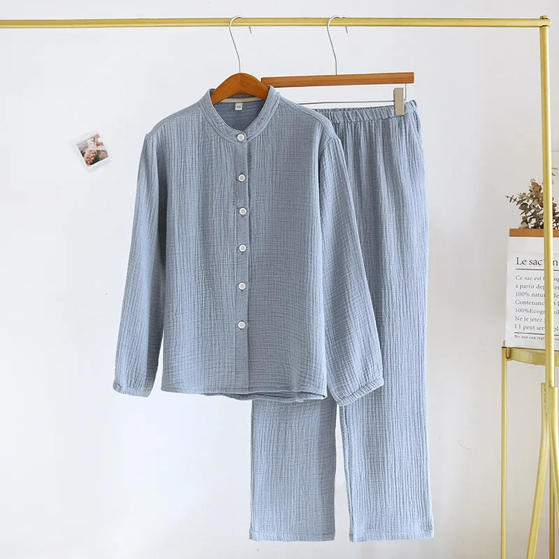 2025 Spring and Autumn New Couple Pajama Set 100% Pure Cotton Crepe Cloth Men's and Women's Stand up Neck Simple Home Clothing