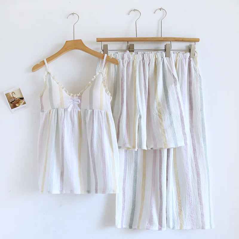 2025 Summer New Women's Pajama Set 100% Pure Cotton Crepe Sling+Shorts+Crop Pants Three piece Set with Chest Cushion Home Fury
