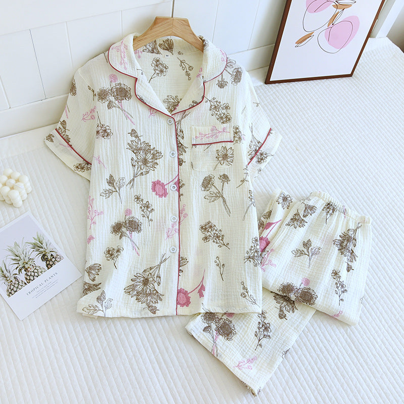 2025 New Spring/Summer Women's Pajama Set 100% Cotton Crepe Short Sleeve+Pants Two Piece Set for Women's Cute Home Furnishings