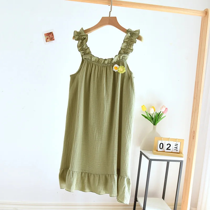 2025 summer new women's suspender nightdress 100% cotton crepe thin style solid color floral vest skirt home skirt sleepwear