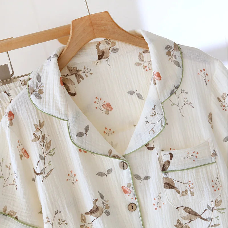 2025 New Spring/Summer Women's Pajama Set 100% Cotton Crepe Cute Thin Short Sleeve+Shorts+Pants Home Clothes 3-Piece Set