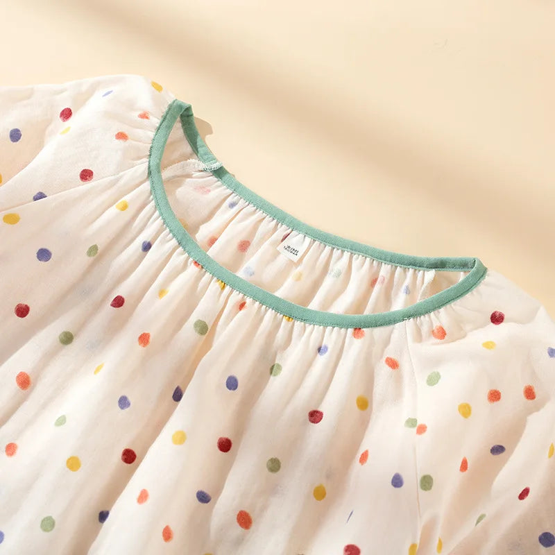 2025 New Summer Sleeping Skirt 100% Cotton Gauze Thin Style Wave Point Home Skirt Loose Round Neck Short Sleeve Sleeping Skirt