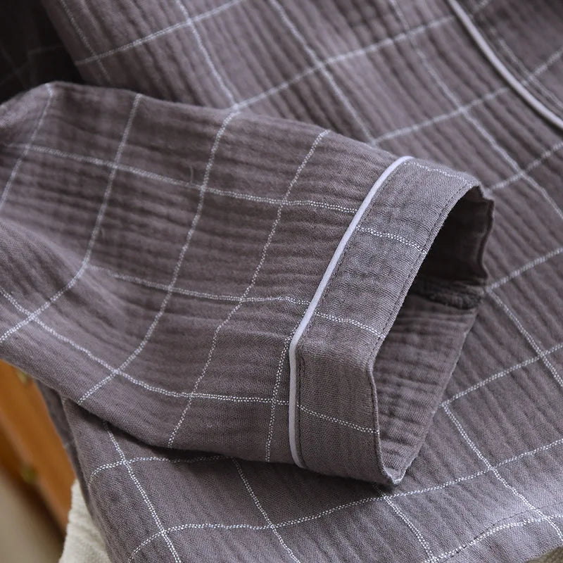2025 Spring and Autumn New Men's Pajama Set 100%Cotton Crepe Plaid Long sleeved Pants Two Piece Set Cardigan Large Size Homewear