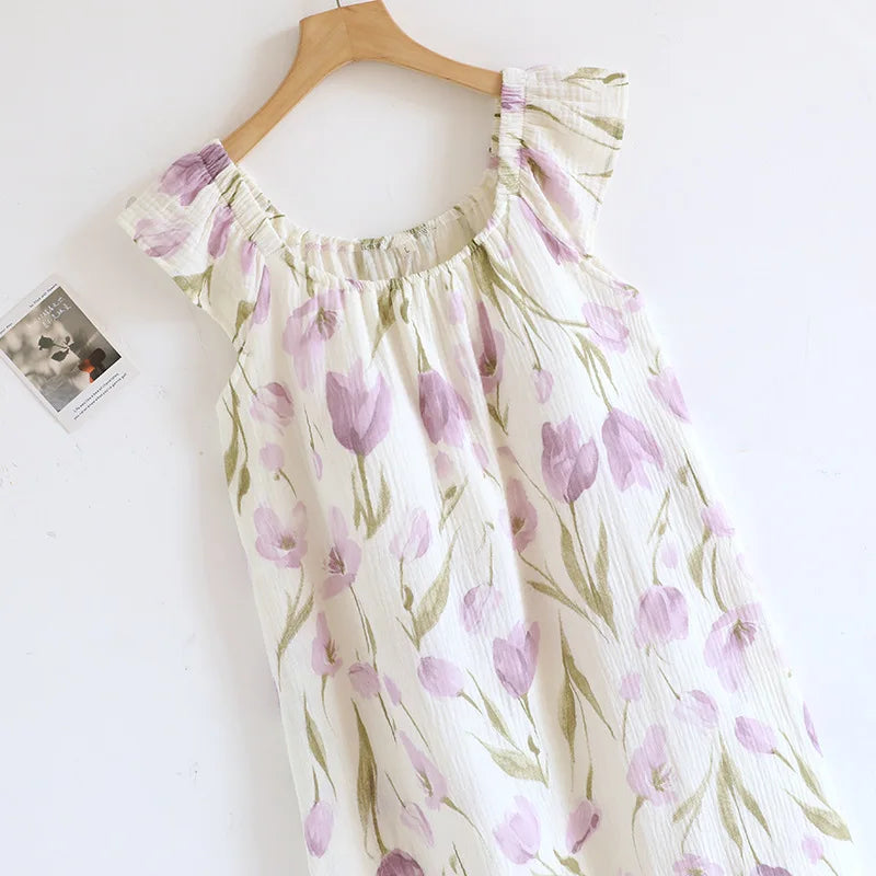 2025 New Summer Women's Sleeping Skirt 100% Cotton Crepe Cloth with Chest Cushion Tank Top Skirt Loose Thin Large Home Clothing