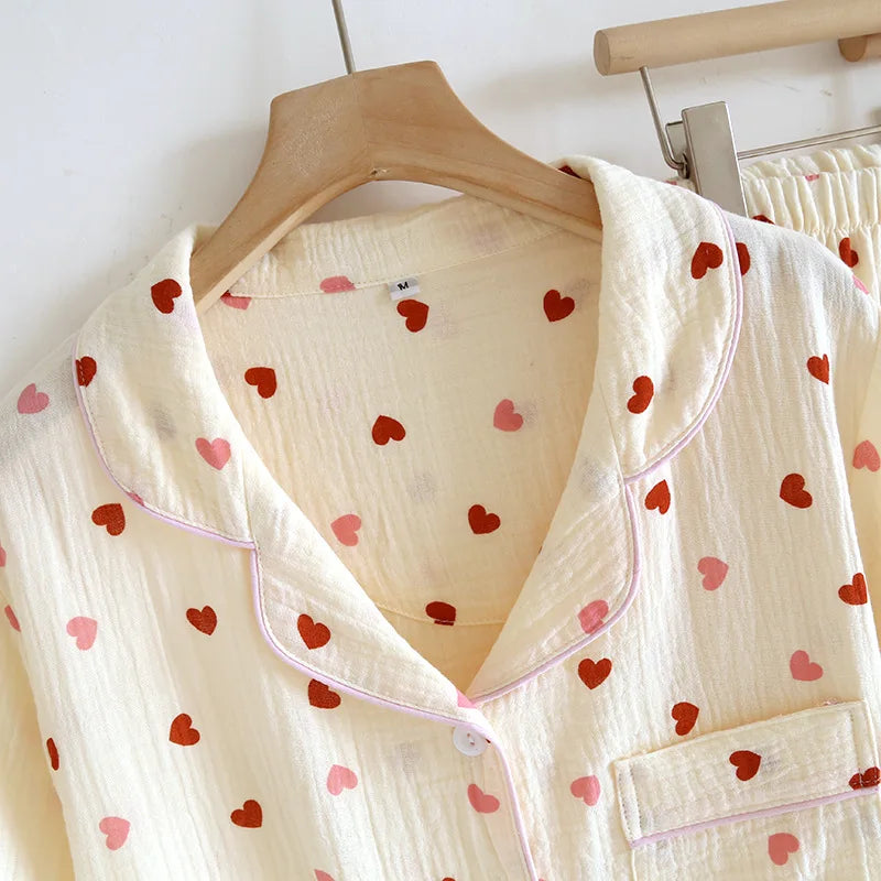 2025 New Summer Pajama Set 100% Cotton Crepe Love Short Sleeves+Shorts+Pants Three Piece Buckle Cute Home Fury Ladies Sleepwear