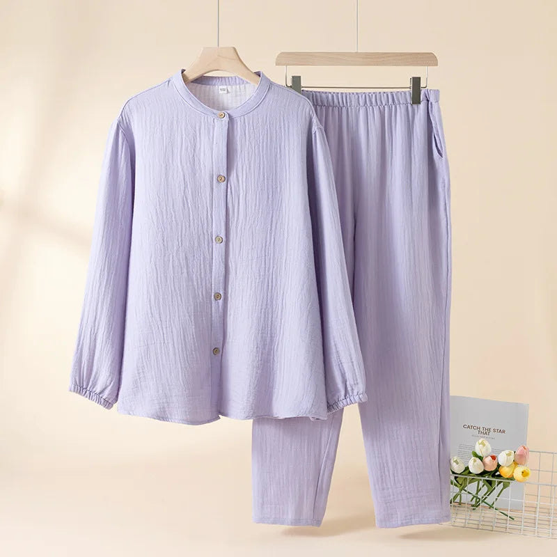 2025 New Spring and Autumn Couple's Pajama Set 100% Cotton Men's and Women's Long Sleeve Long Pants Solid Color Home Clothes