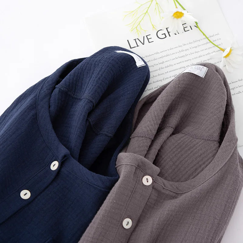 Spring and summer new style men's pajamas suit 100% cotton crepe two button long sleeved trousers two-piece leisure home suit