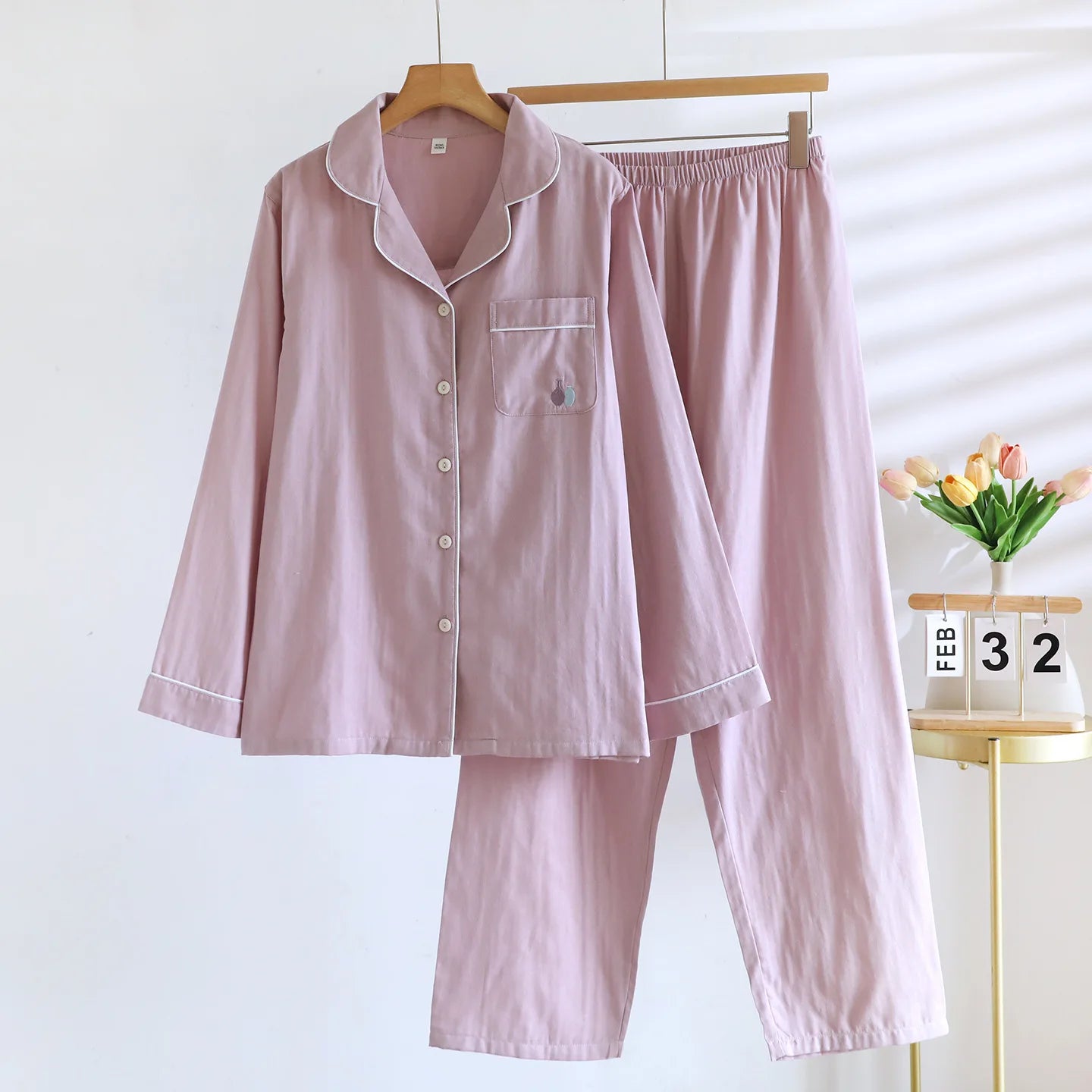 2025 New Spring and Autumn Women's Pajama Set 100% Cotton Simple Long Sleeve Long Pants Two Piece Set Cardigan Home Clothes