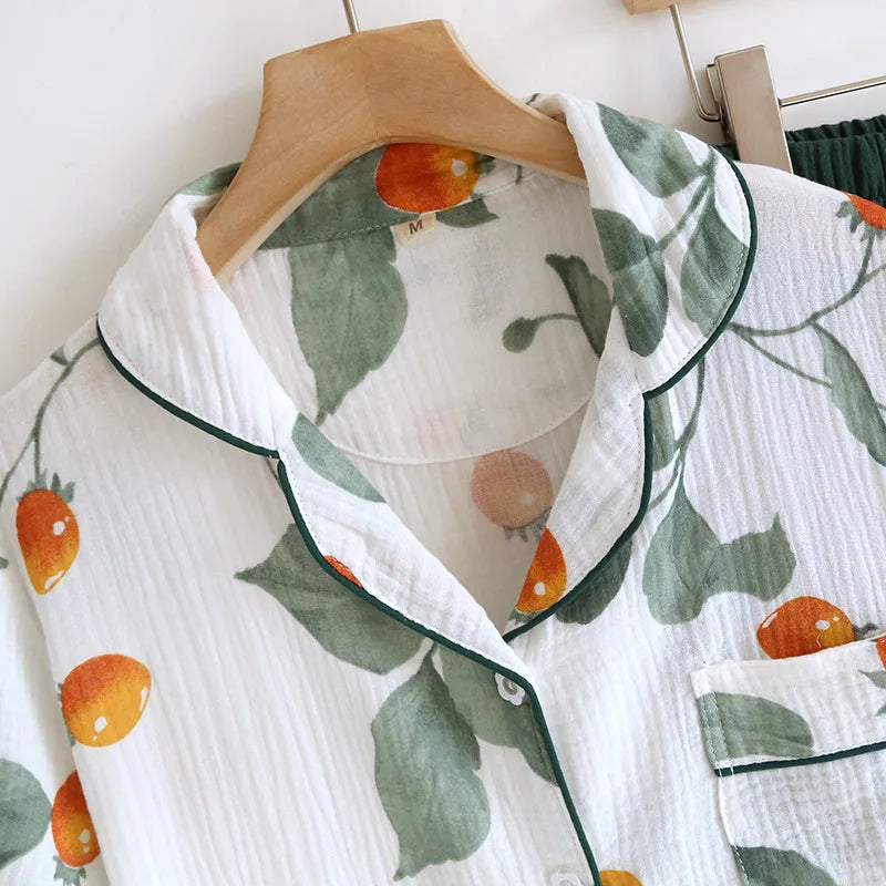 2025 Japanese Summer New Women's Pajama Set Short Sleeve+Long Pants Two piece Set 100%Cotton Thin Cardigan Home Furnishing Fresh