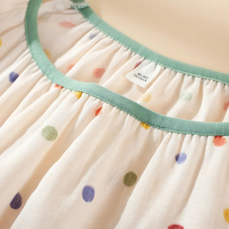 2025 New Summer Sleeping Skirt 100% Cotton Gauze Thin Style Wave Point Home Skirt Loose Round Neck Short Sleeve Sleeping Skirt