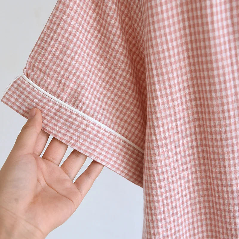 2025 Spring/Summer Couple Pajama Set 100% Cotton Gauze Short Sleeves+Capris Two Piece Men's and Women's Checkered Home Fur