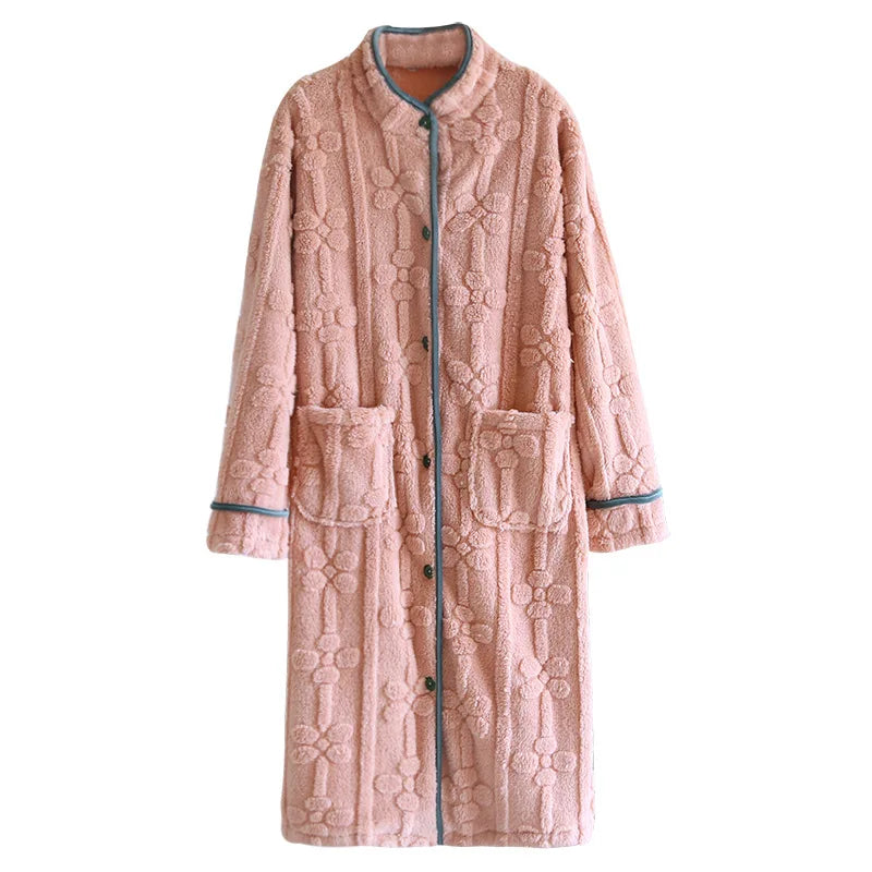 Autumn and Winter 2025 New Women's Nightgown Flannel Sweet and cute Bathrobe Women's Nightdress Stand collar Button Home Dress