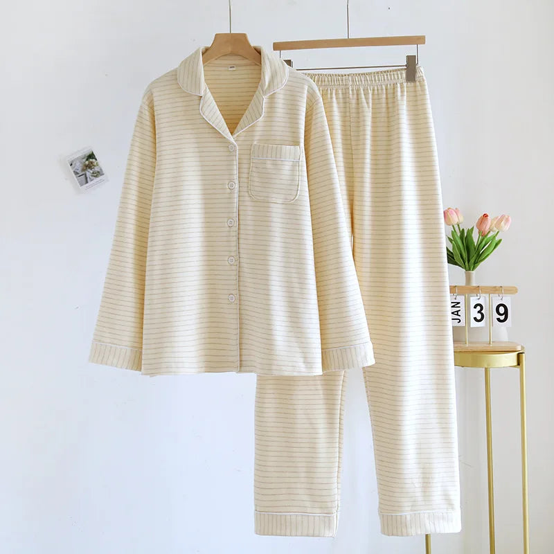 2025 Autumn/Winter New Women's Pajama Set Long Sleeve Long Pants Two Piece Set Striped German Velvet Warm Thick Home Clothes