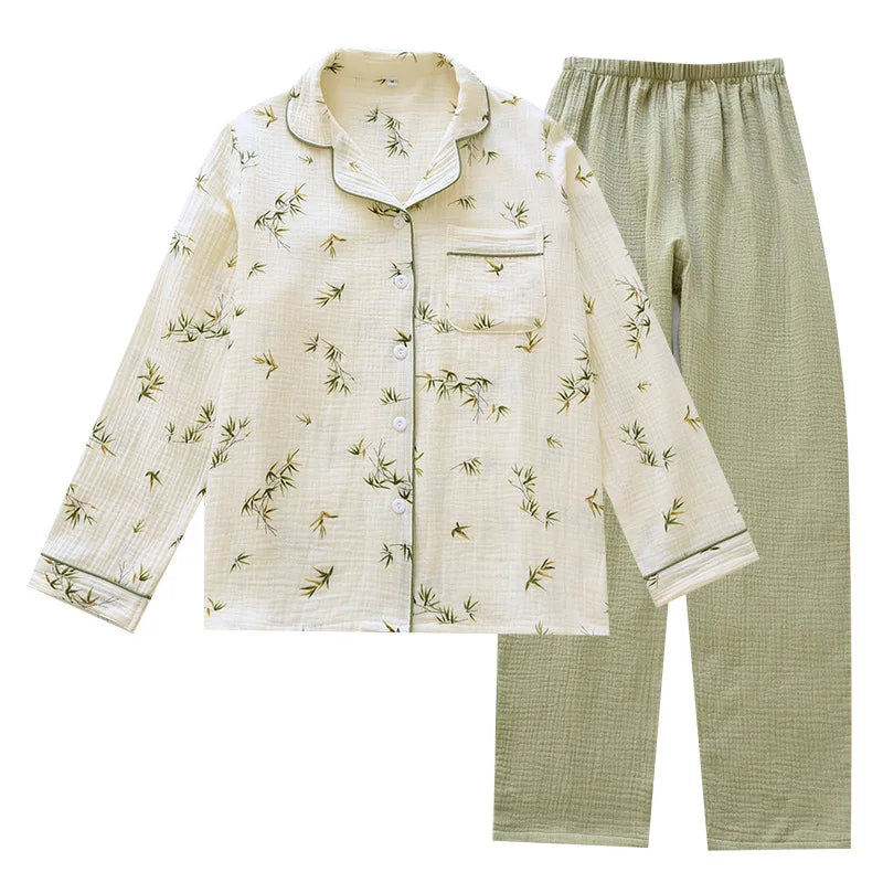 2025 New Spring/Summer Women's Pajama Set 100% Cotton Crepe Long Sleeve Long Pants Large Home Clothes Two Piece Set Sleepwear