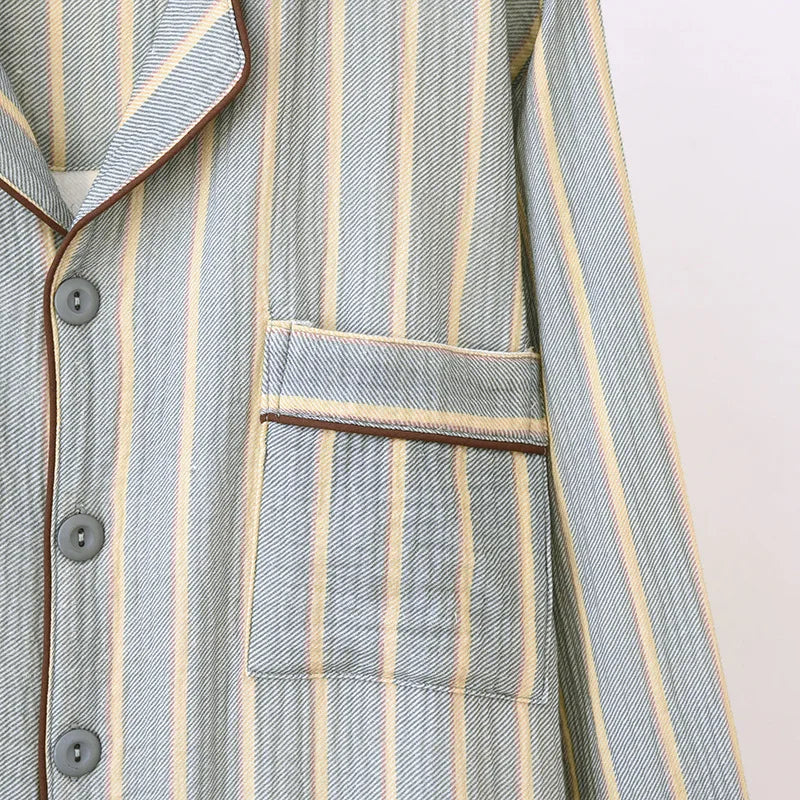 New men's sleepwear two-piece set for spring 2025 100% cotton crepe fabric vertical stripe long sleeved long pants home suit set