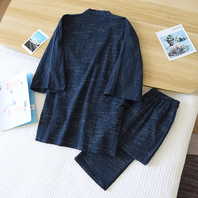 Japanese kimono two-piece men's spring and summer new 100% cotton bathrobe two-piece long pajamas home service set robe sets