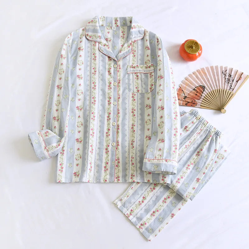 2025 Japanese New Women's Pajama Set 100% Cotton Gauze Long Sleeve Long Pants Two Piece Set Fresh and Sweet Thin Home Clothing