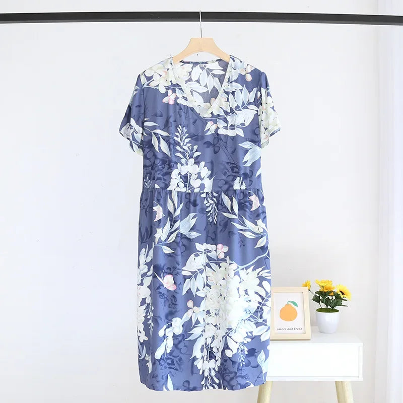 Summer New Ladies V-neck Nightdress 100% Viscose Short Sleeve Home Dress Floral Comfort Large Size Dress Thin Section women